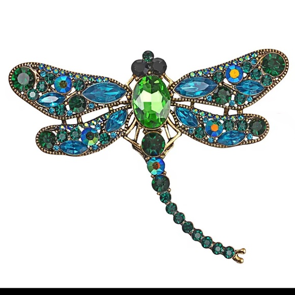 Betsey Johnson Green Dragonfly Gemstone Crystal Brooch - Picture 4 of 7